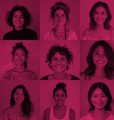 Collage aus vielen Porträts von Frauen mit pinkem Farbfilter