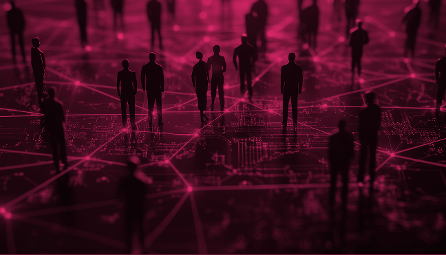 Silhouetten von Personen auf einem digitalen Netzwerk aus Linien und Knoten mit pinkem Farbfilter