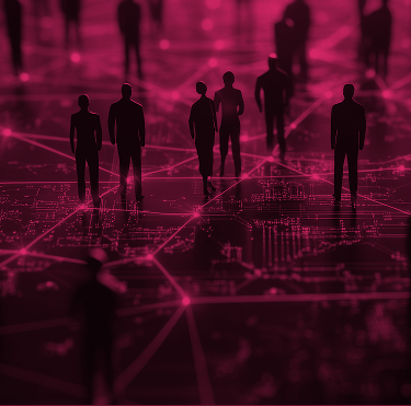 Silhouetten von Personen auf einem digitalen Netzwerk aus Linien und Knoten mit pinkem Farbfilter