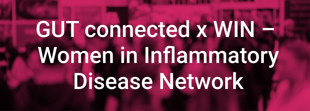 GUT connected x WIN –  Women in Inflammatory Disease Network. Im Hintergrund Frauen im Gespräch bei einer Networking-Veranstaltung mit pinkem Farbfilter.