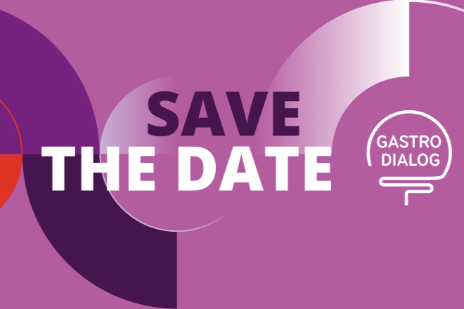 Save the Date Grafik in Lila mit Gastro-Dialog-Logo