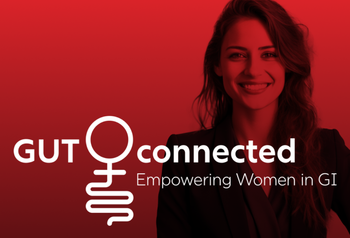 Eine junge Frau lächelt in die Kamera, daneben das Logo von GUT connected