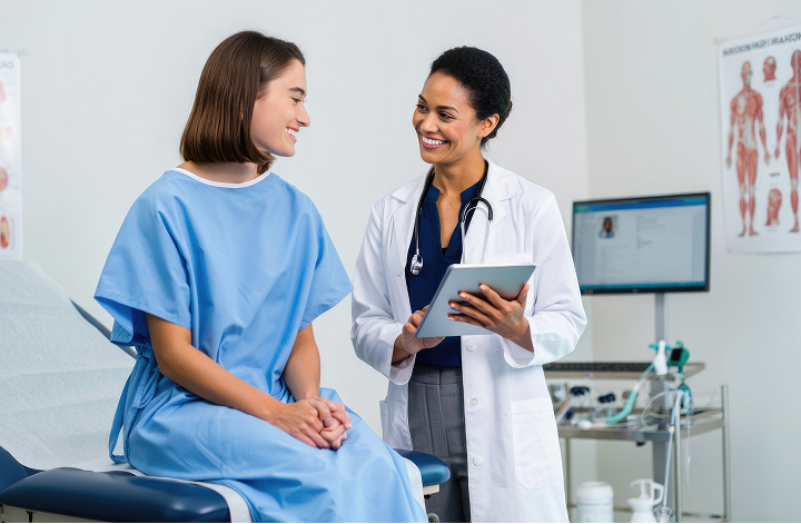 Eine junge Frau im Gespräch mit einer Ärztin im Behandlungszimmer