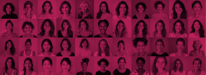 Collage aus vielen Frauenporträts mit pinkem Farbfilter