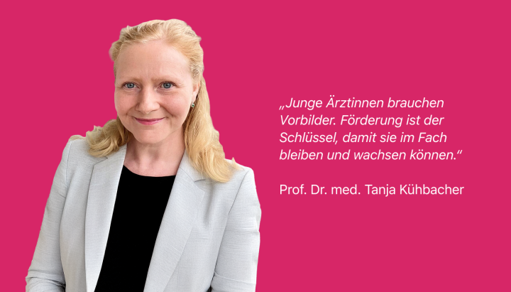 Porträt von Prof. Dr. med. Tanja Kühbacher vor pinkem Hintergrund