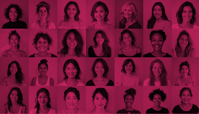 Collage aus vielen Frauenporträts mit pinkem Farbfilter