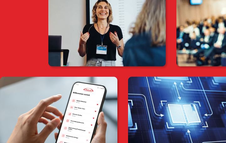Collage zur Takeda Connect Plattform: Fachlicher Austausch auf Kongressen, Nutzung digitaler Services am Smartphone und Vernetzung von Expertenwissen