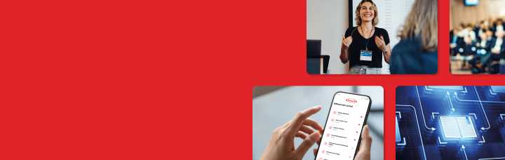 Collage zur Takeda Connect Plattform: Fachlicher Austausch auf Kongressen, Nutzung digitaler Services am Smartphone und Vernetzung von Expertenwissen