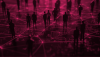 Silhouetten von Personen auf einem digitalen Netzwerk aus Linien und Knoten mit pinkem Farbfilter